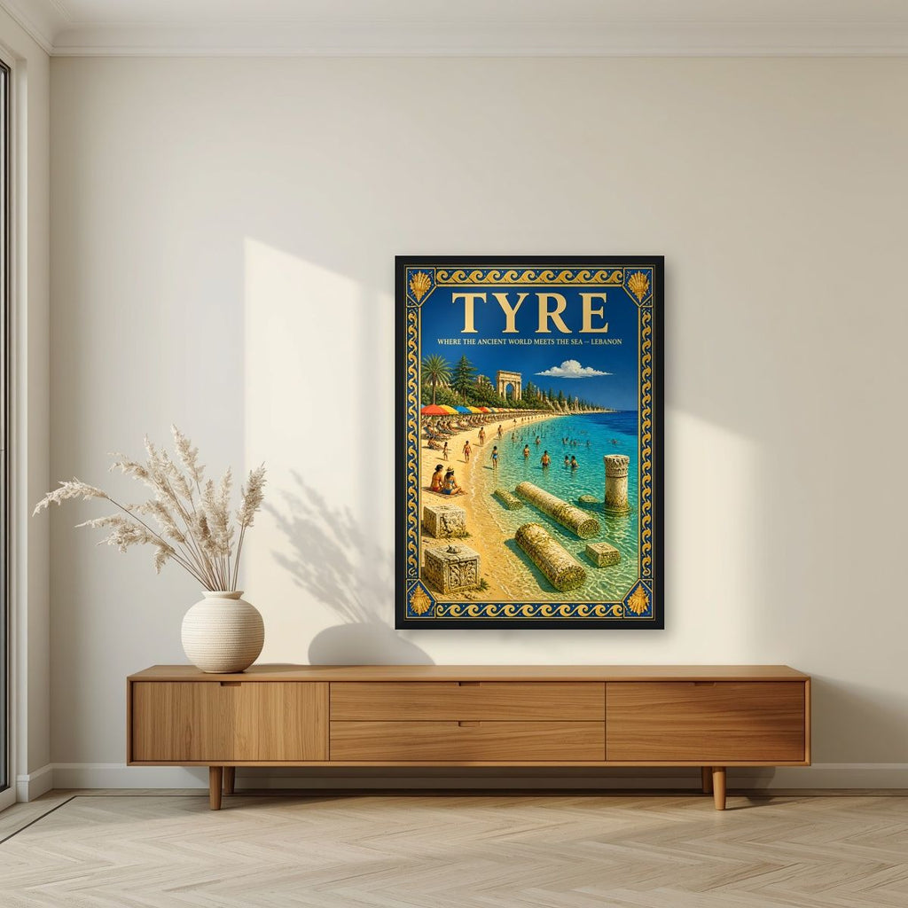 Ruins & Parasols — Tyre art print, in a black frame, styled in a living room
