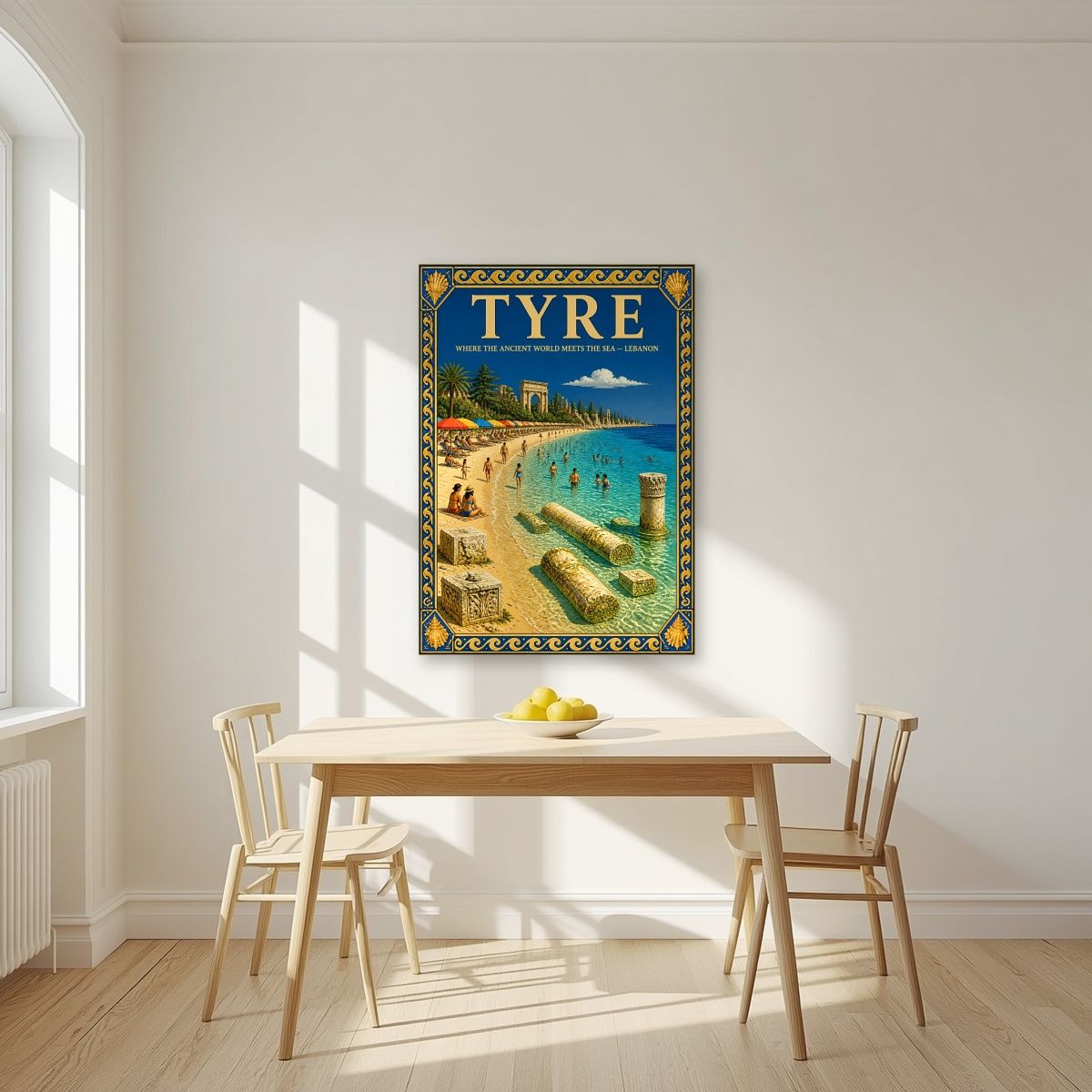 Ruins & Parasols — Tyre art print, unframed poster, styled in a kitchen