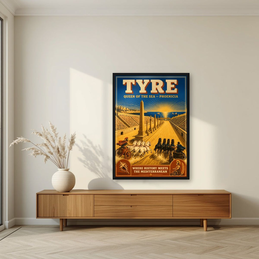 Sibaq al-Arabat — Tyre art print, in a black frame, styled in a living room