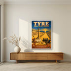 Sibaq al-Arabat — Tyre art print, in a white frame, styled in a living room