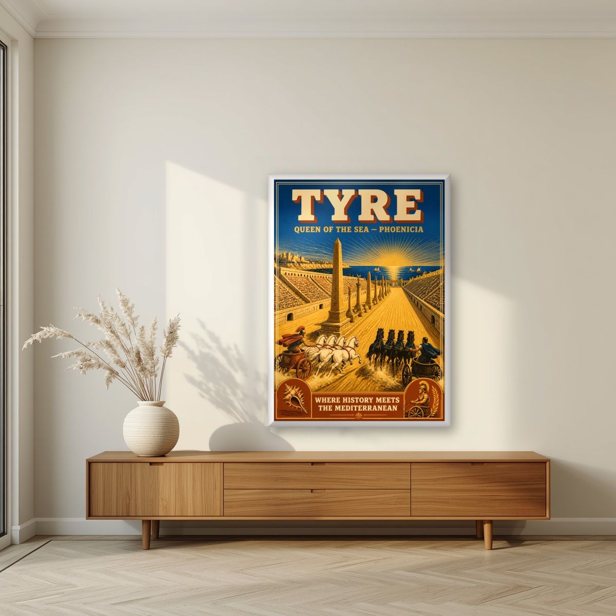 Sibaq al-Arabat — Tyre art print, in a white frame, styled in a living room