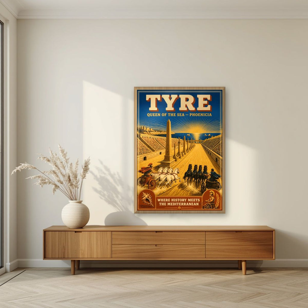 Sibaq al-Arabat — Tyre art print, in an oak frame, styled in a living room