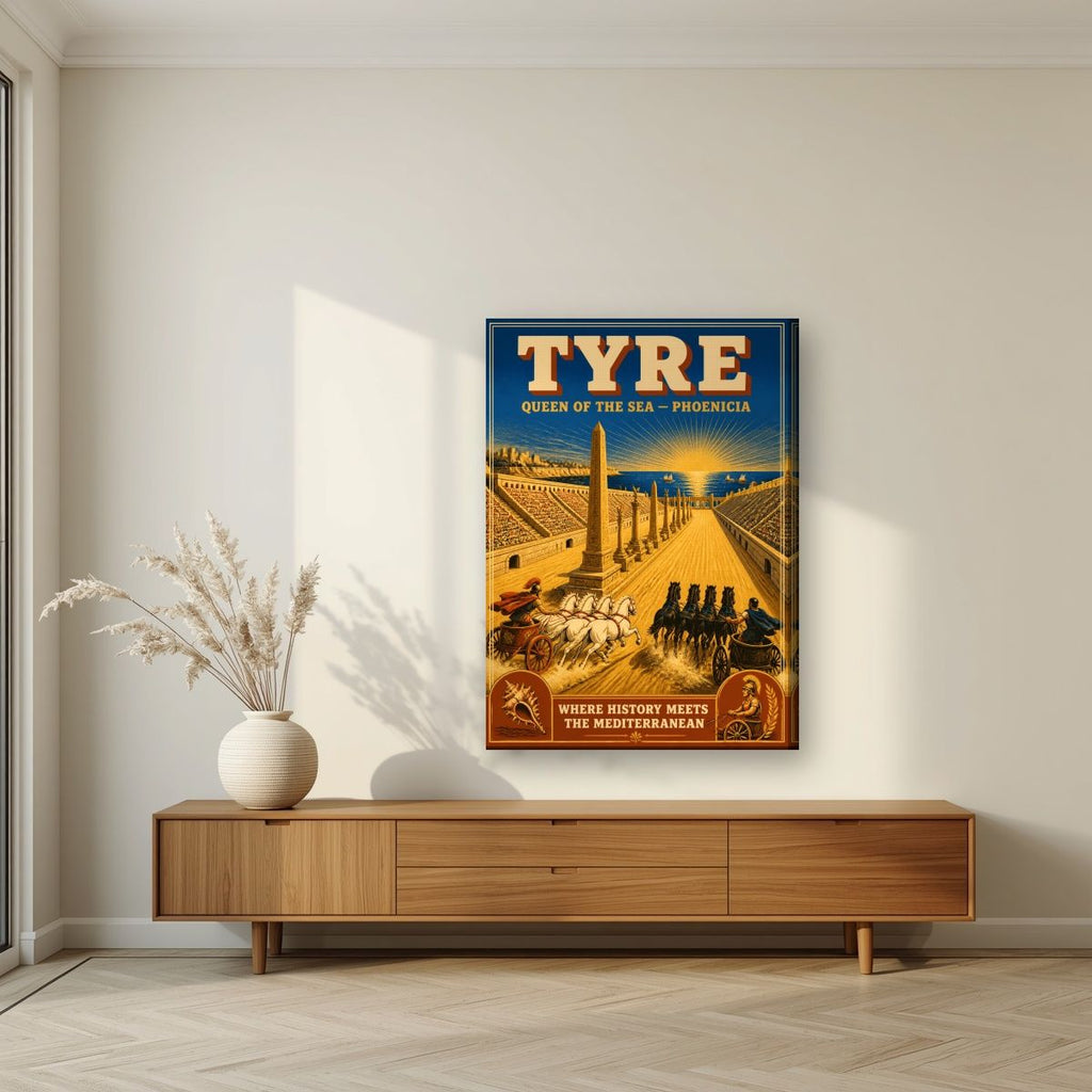 Sibaq al-Arabat — Tyre art print, on slim canvas, styled in a living room