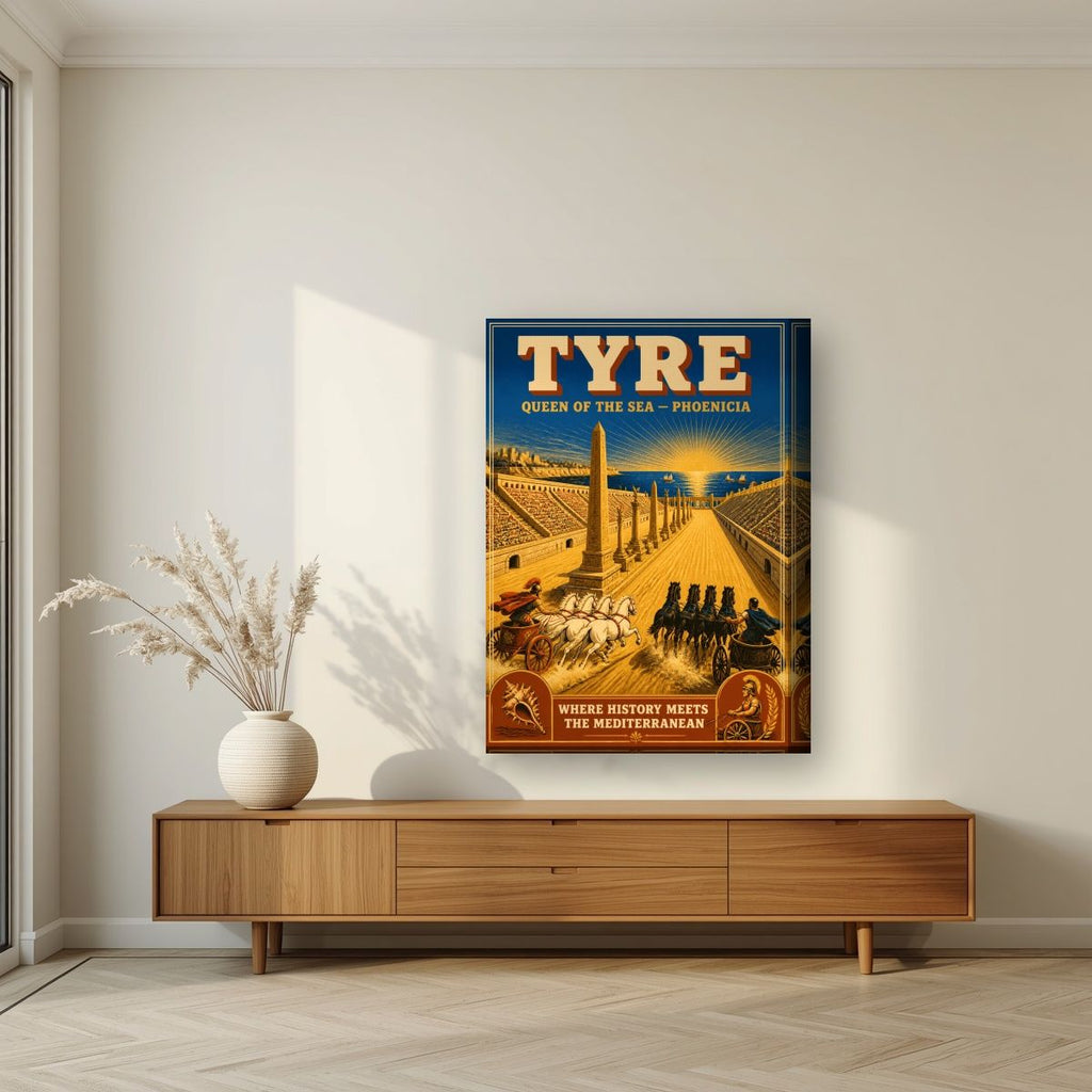 Sibaq al-Arabat — Tyre art print, on thick canvas, styled in a living room