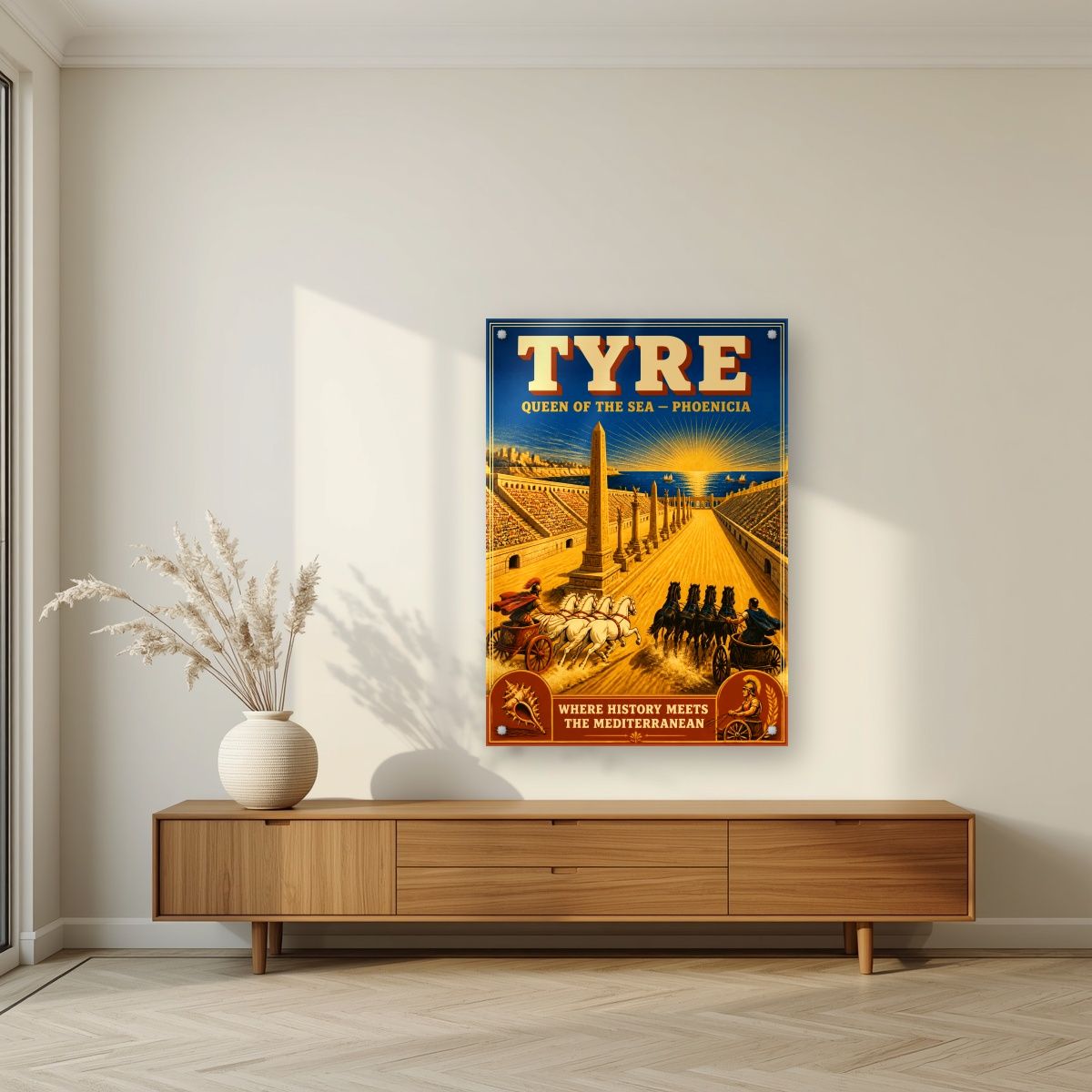 Sibaq al-Arabat — Tyre art print, as an acrylic print, styled in a living room