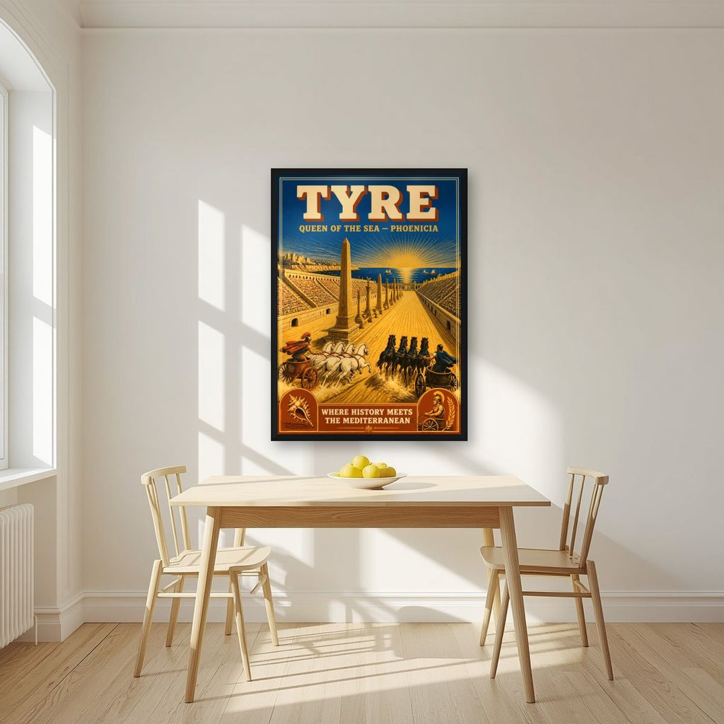 Sibaq al-Arabat — Tyre art print, in a black frame, styled in a kitchen