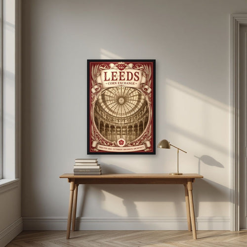 Corn Exchange — Leeds art print, in a black frame, styled in a desk