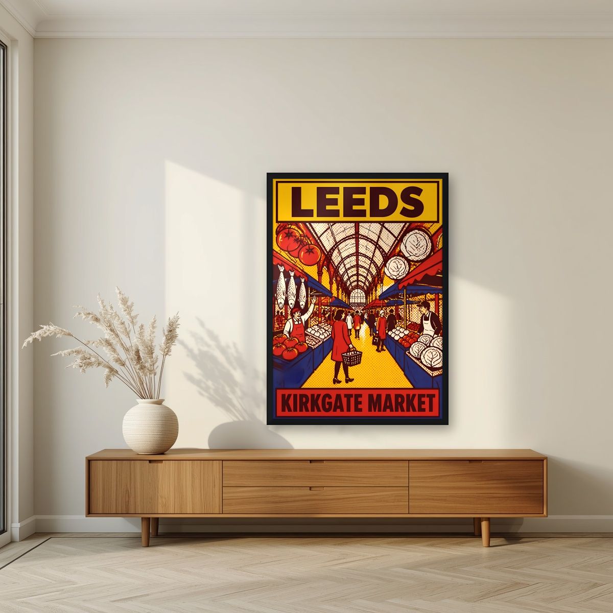 Kirkgate Market — Leeds art print, in a black frame, styled in a living room