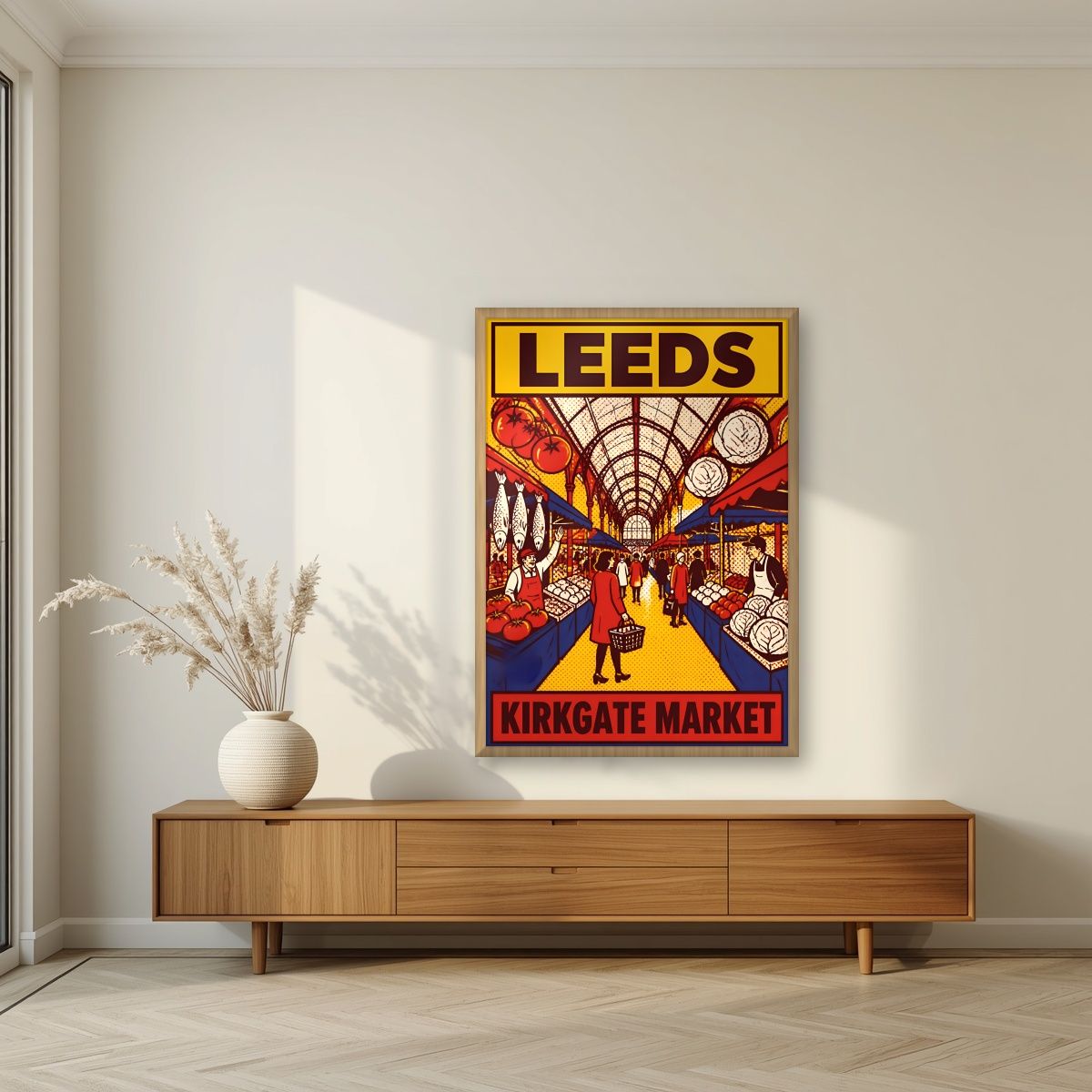 Kirkgate Market — Leeds art print, in an oak frame, styled in a living room