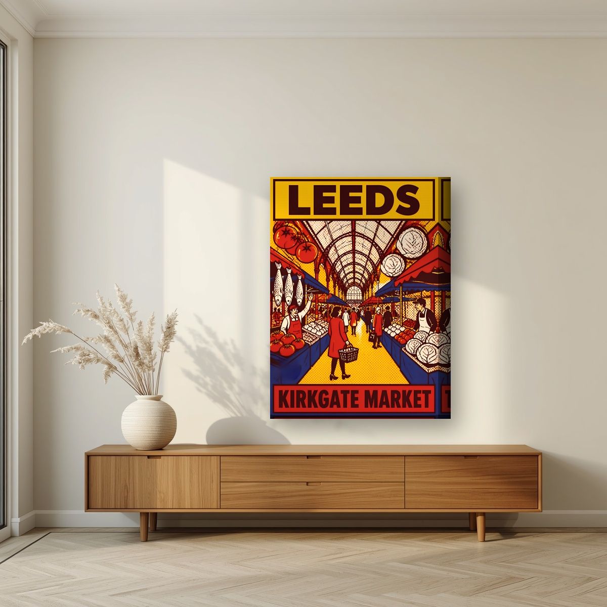 Kirkgate Market — Leeds art print, on thick canvas, styled in a living room
