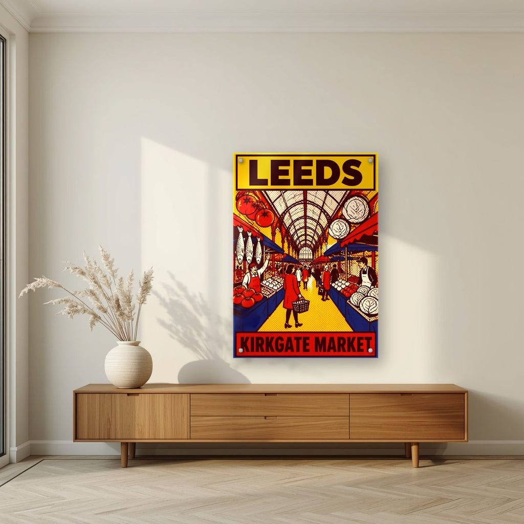 Kirkgate Market — Leeds art print, as an acrylic print, styled in a living room