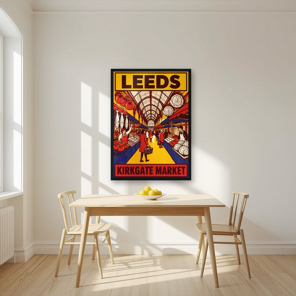 Kirkgate Market — Leeds art print, in a black frame, styled in a kitchen