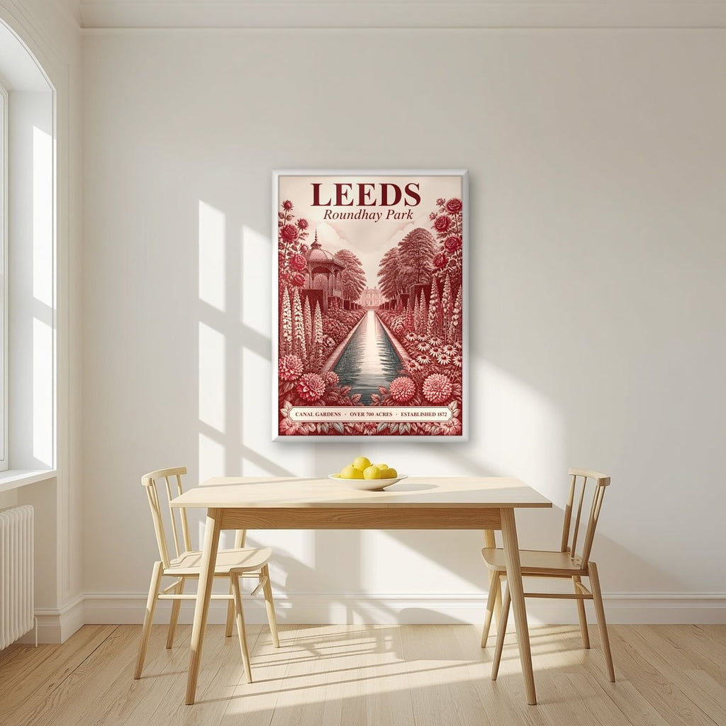 Roundhay Park — Leeds art print, in a white frame, styled in a kitchen