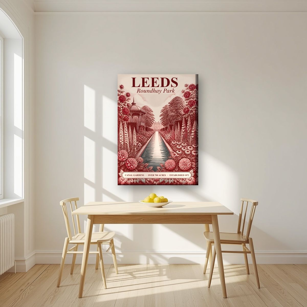 Roundhay Park — Leeds art print, on slim canvas, styled in a kitchen