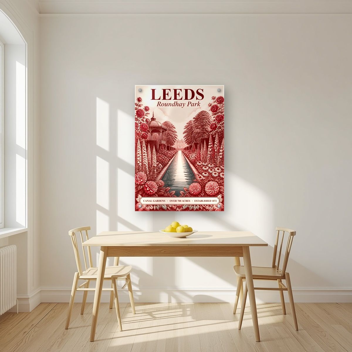 Roundhay Park — Leeds art print, as an acrylic print, styled in a kitchen