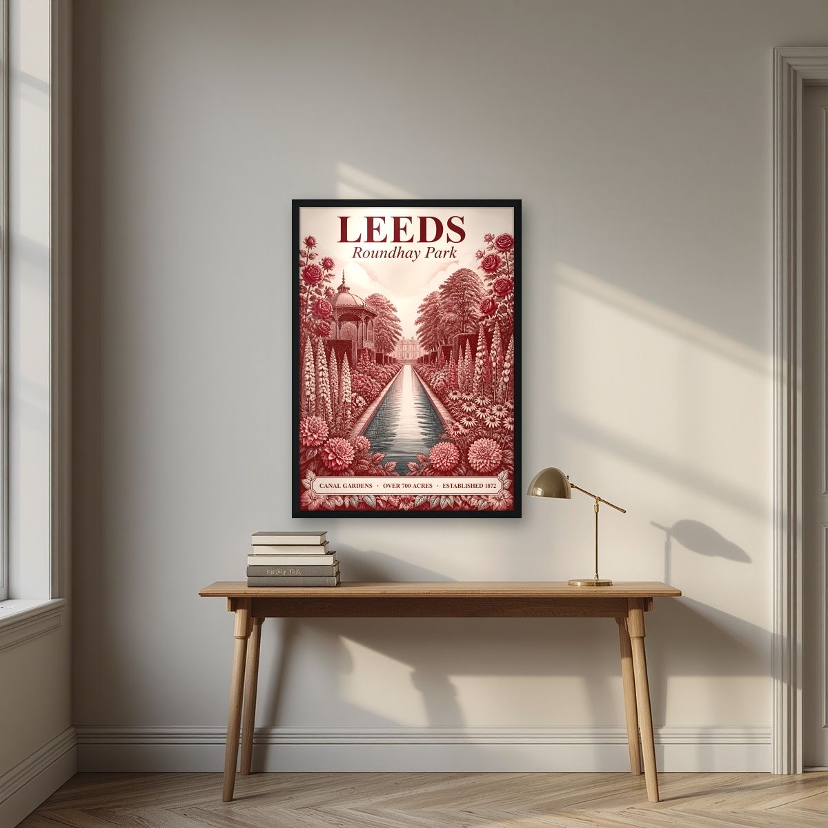 Roundhay Park — Leeds art print, in a black frame, styled in a desk