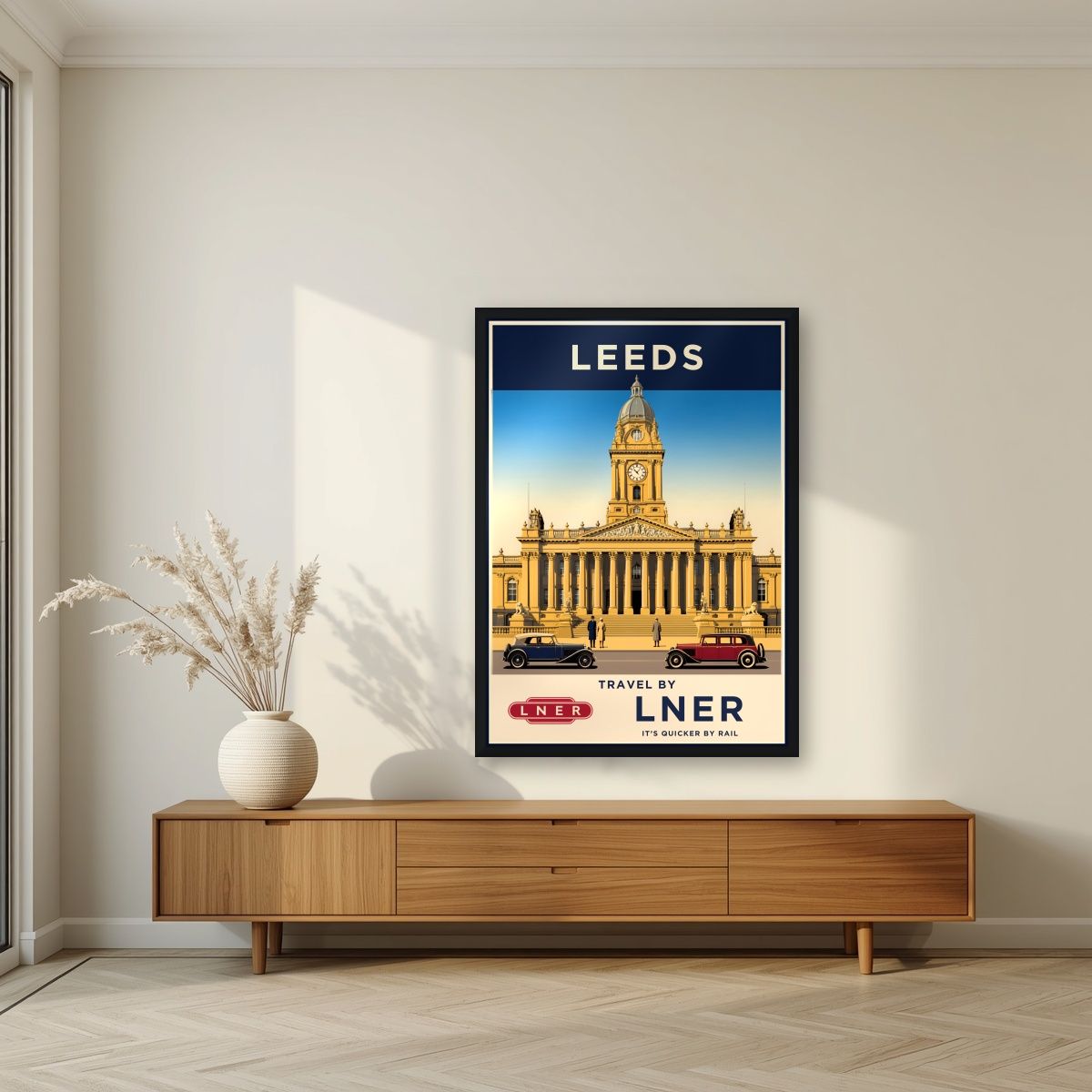Travel By LNER — Leeds art print, in a black frame, styled in a living room