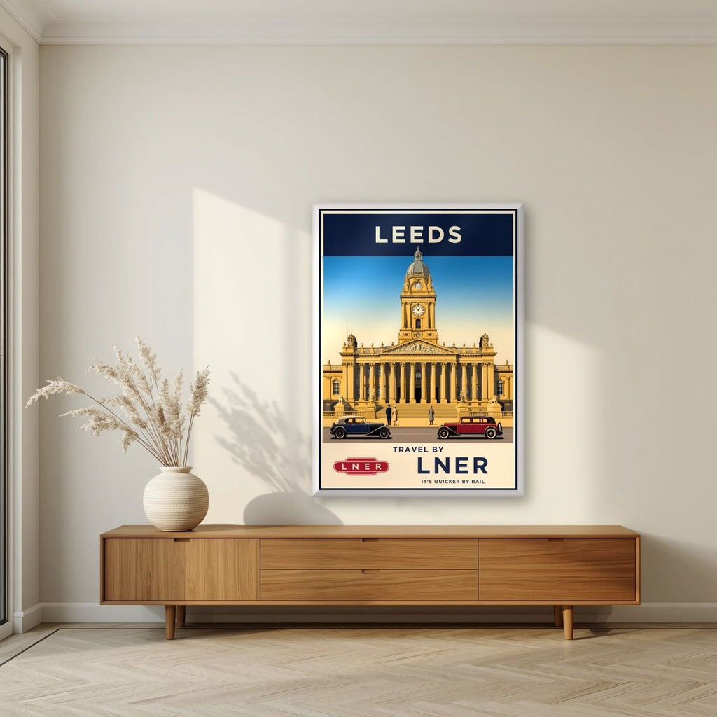 Travel By LNER — Leeds art print, in a white frame, styled in a living room