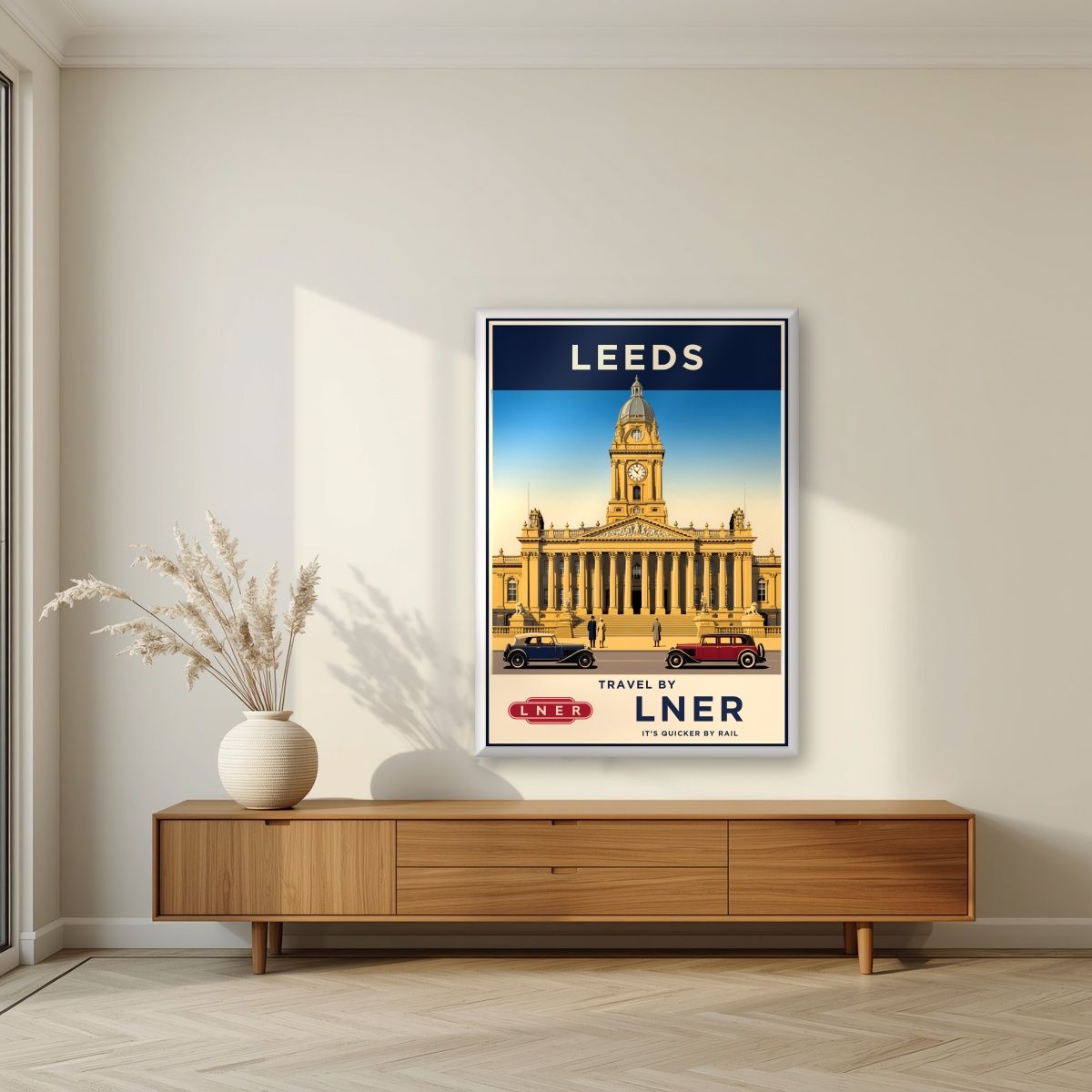 Travel By LNER — Leeds art print, in a white frame, styled in a living room