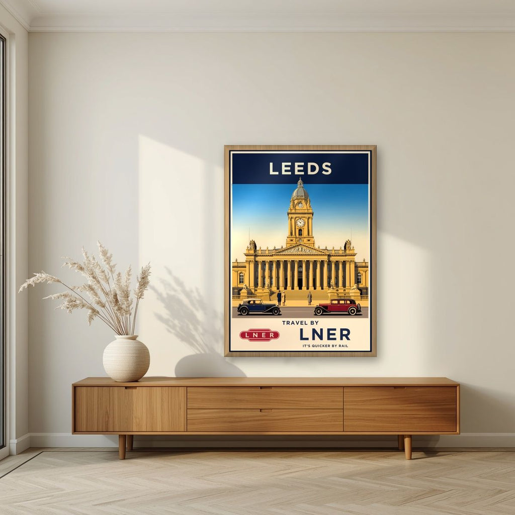 Travel By LNER — Leeds art print, in an oak frame, styled in a living room