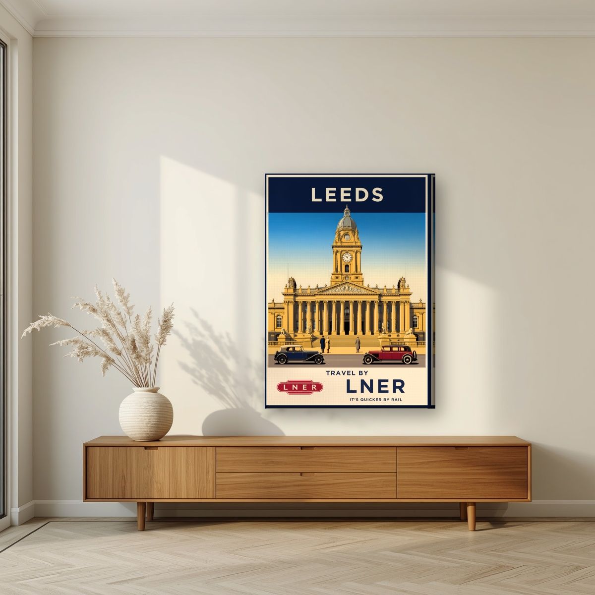 Travel By LNER — Leeds art print, on slim canvas, styled in a living room