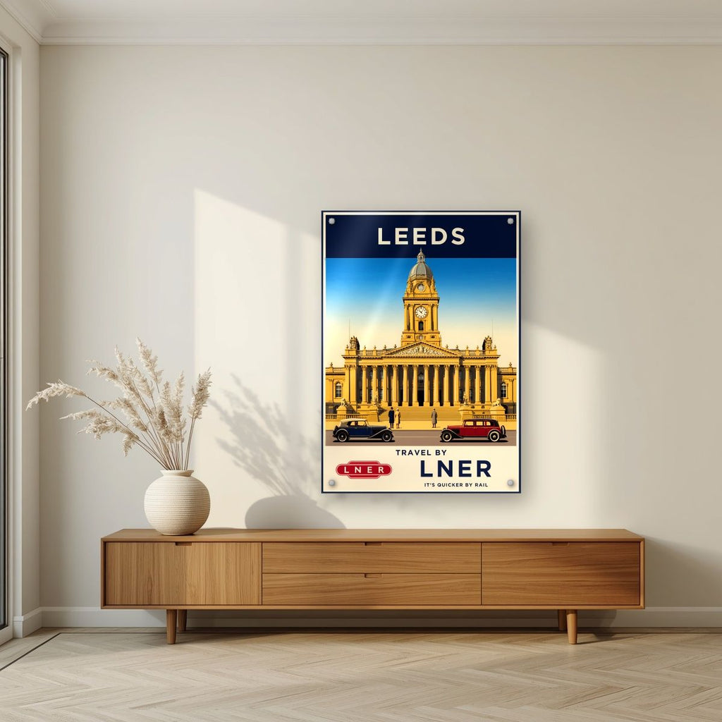 Travel By LNER — Leeds art print, as an acrylic print, styled in a living room