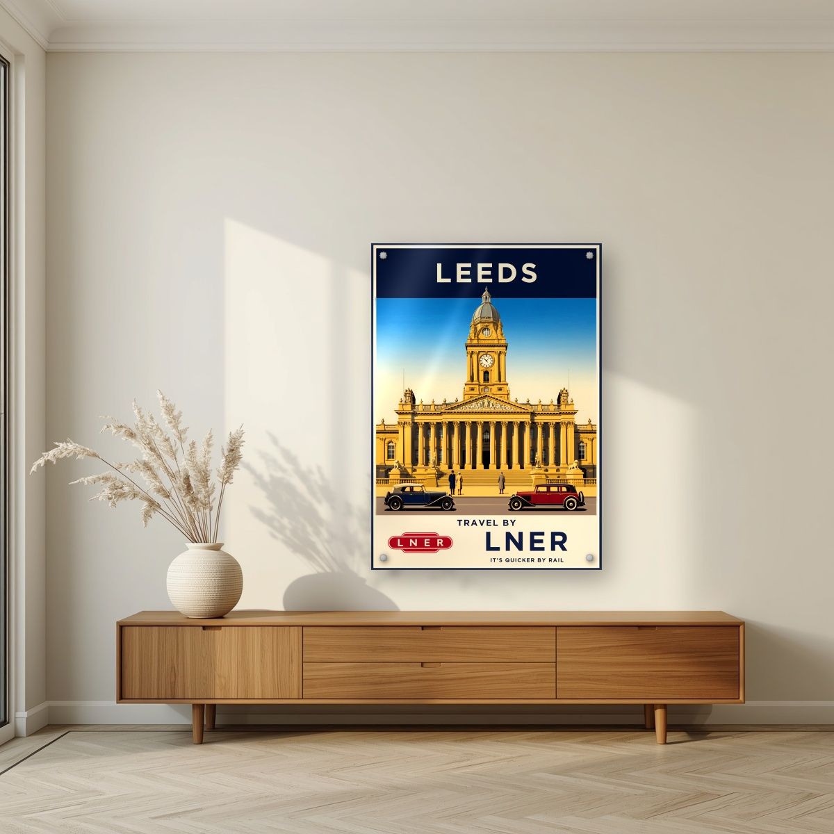 Travel By LNER — Leeds art print, as an acrylic print, styled in a living room