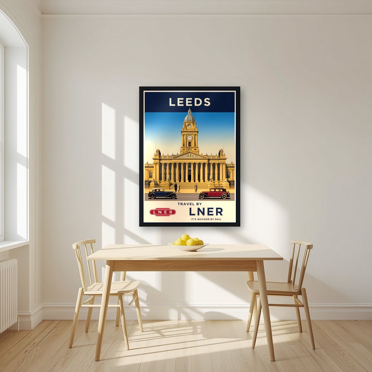 Travel By LNER — Leeds art print, in a black frame, styled in a kitchen