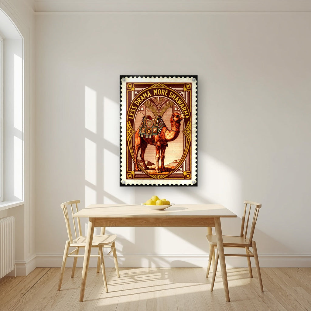 Less Drama, More Shawarma – Bazaar Stamp | Art Print — acrylic print, room scene