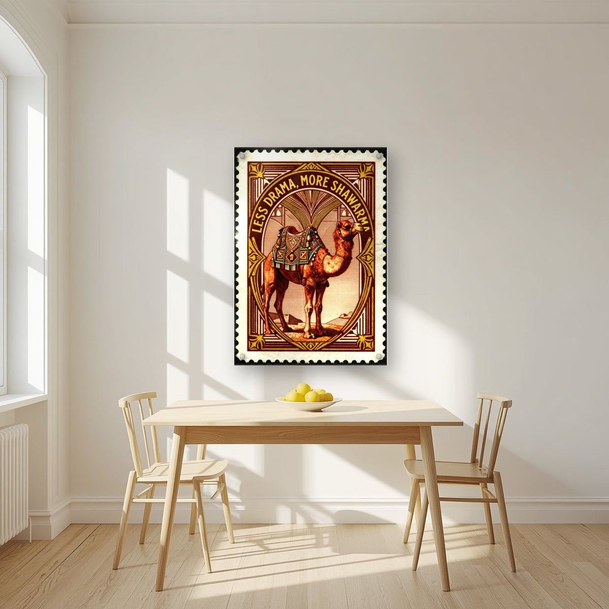 Less Drama, More Shawarma – Bazaar Stamp | Art Print — acrylic print, room scene