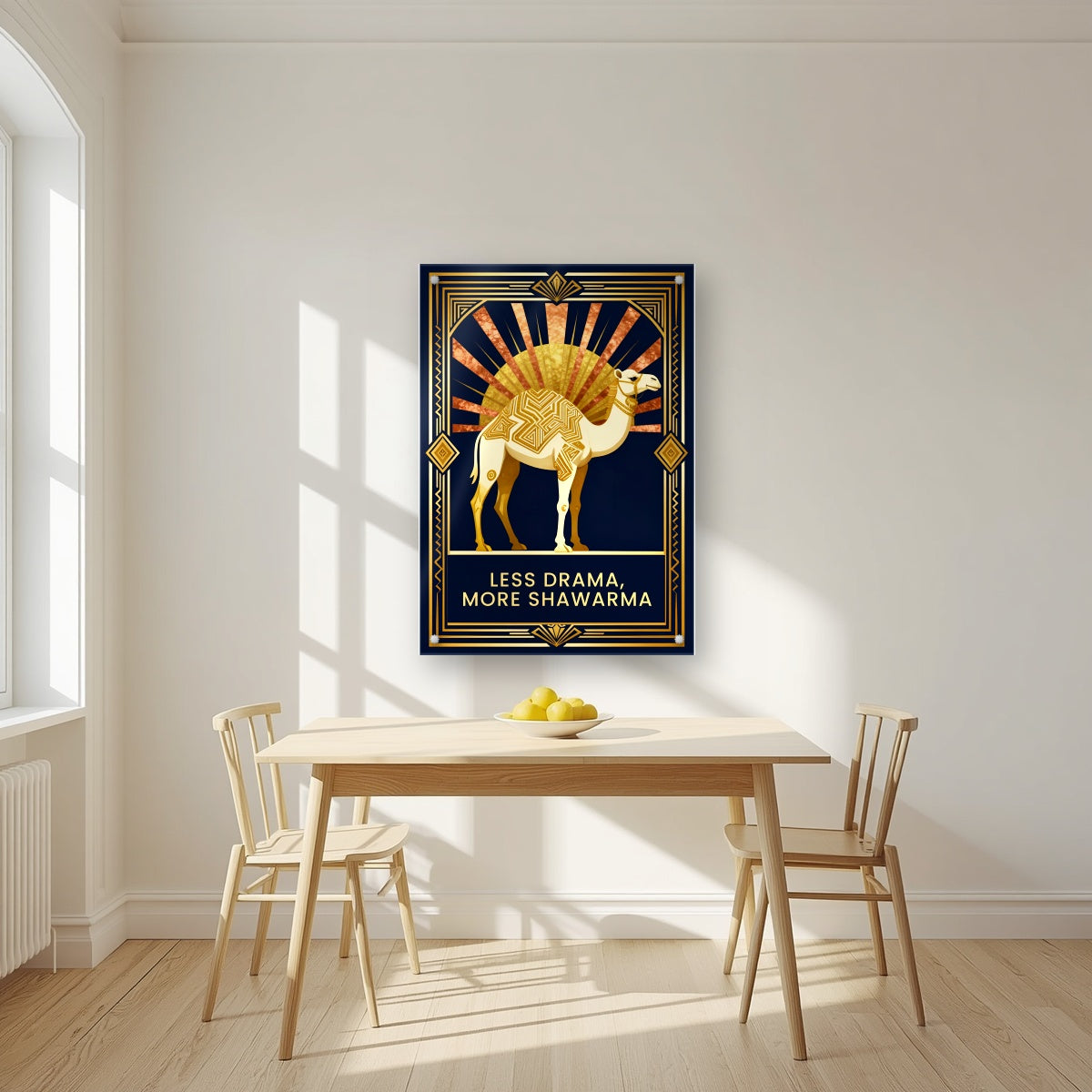 Less Drama, More Shawarma – Deco Sunrise | Art Print — acrylic print, room scene