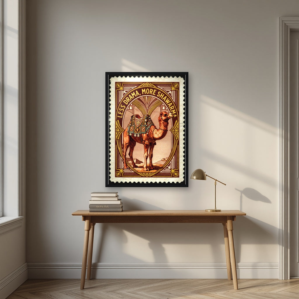 Less Drama, More Shawarma – Bazaar Stamp in a black frame, above an oak writing desk