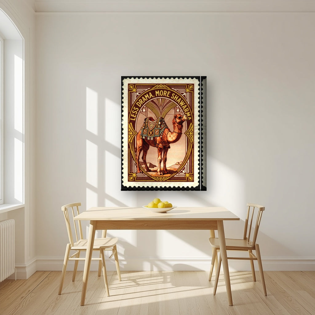 Less Drama, More Shawarma – Bazaar Stamp on a thick-edge canvas, above a dining table in a bright kitchen