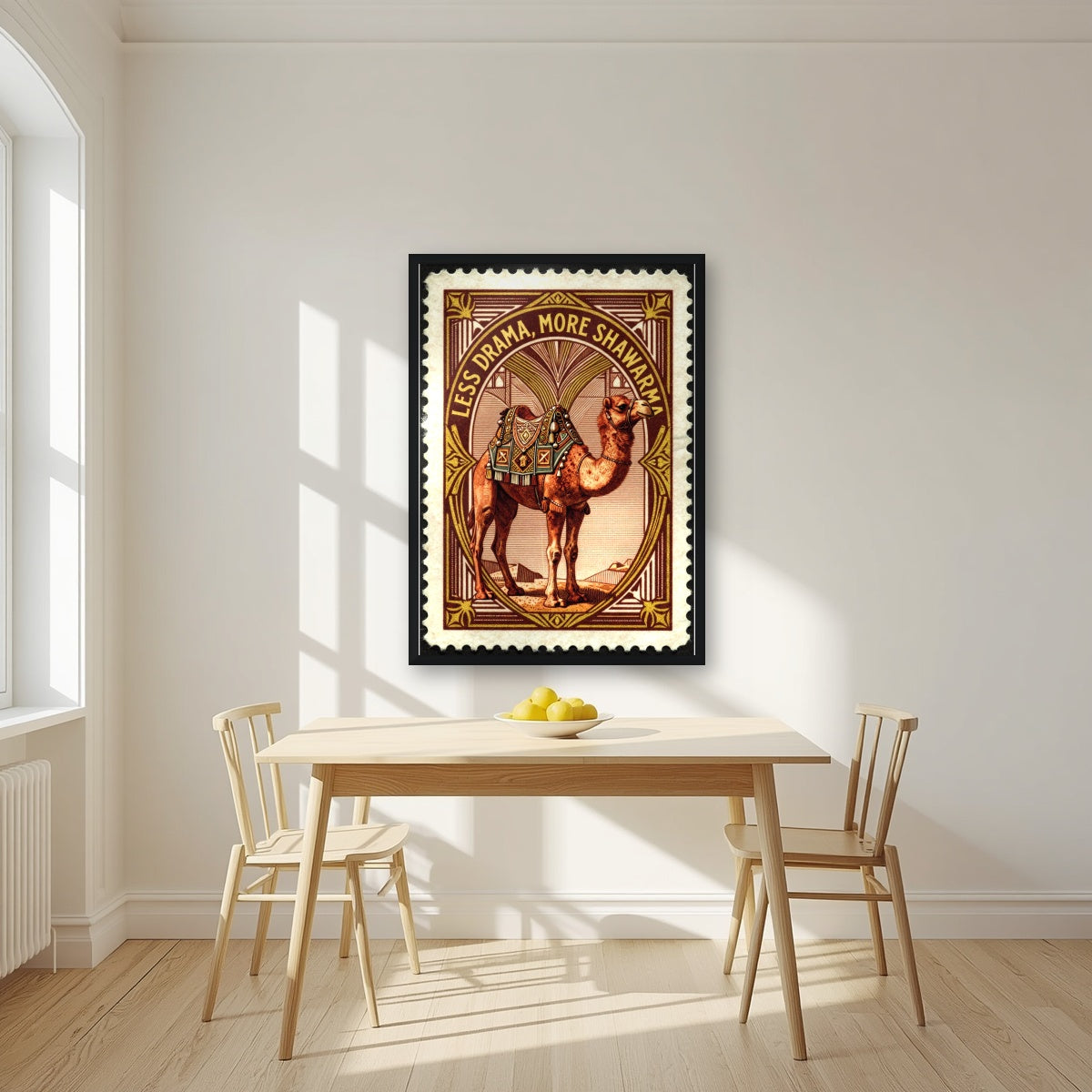 Less Drama, More Shawarma – Bazaar Stamp in a black frame, above a dining table in a bright kitchen