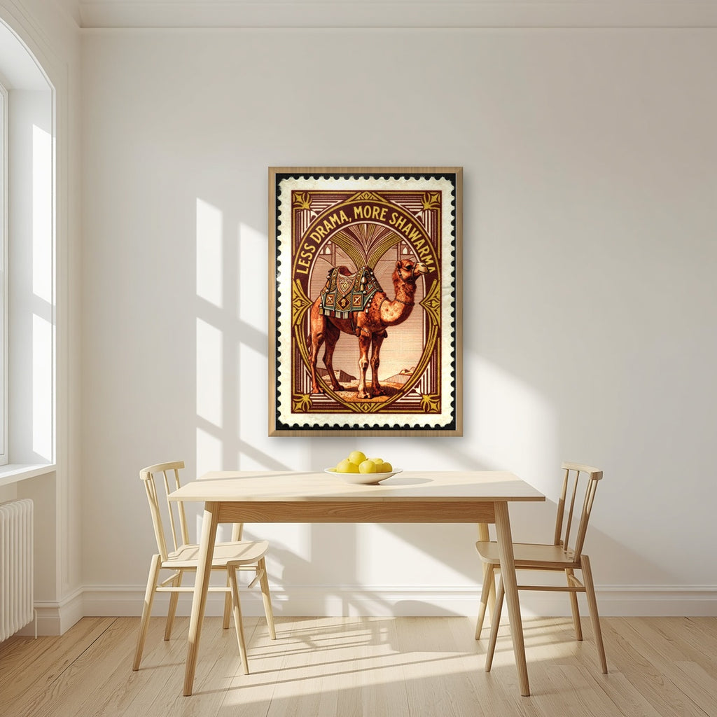 Less Drama, More Shawarma – Bazaar Stamp in an oak frame, above a dining table in a bright kitchen