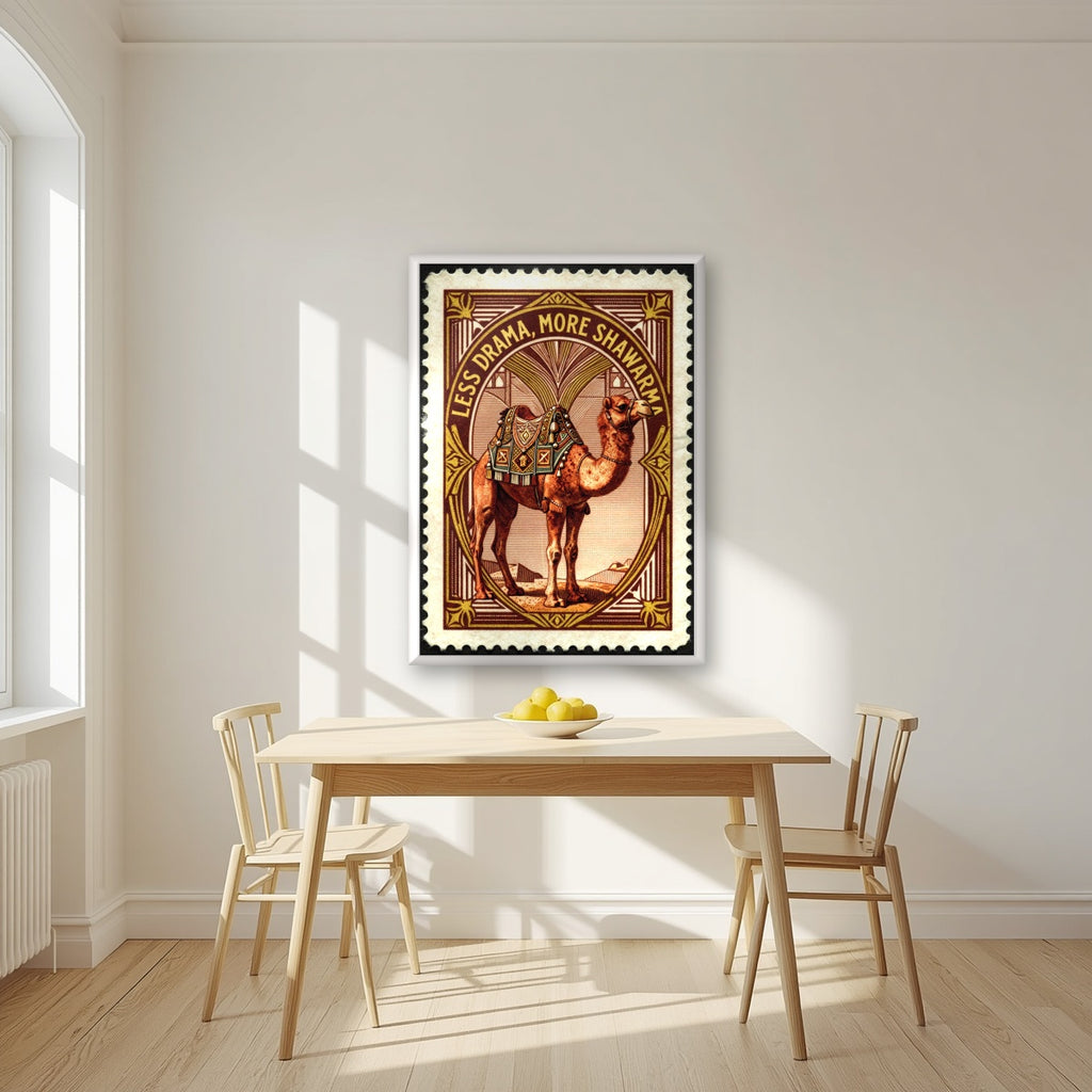 Less Drama, More Shawarma – Bazaar Stamp in a white frame, above a dining table in a bright kitchen