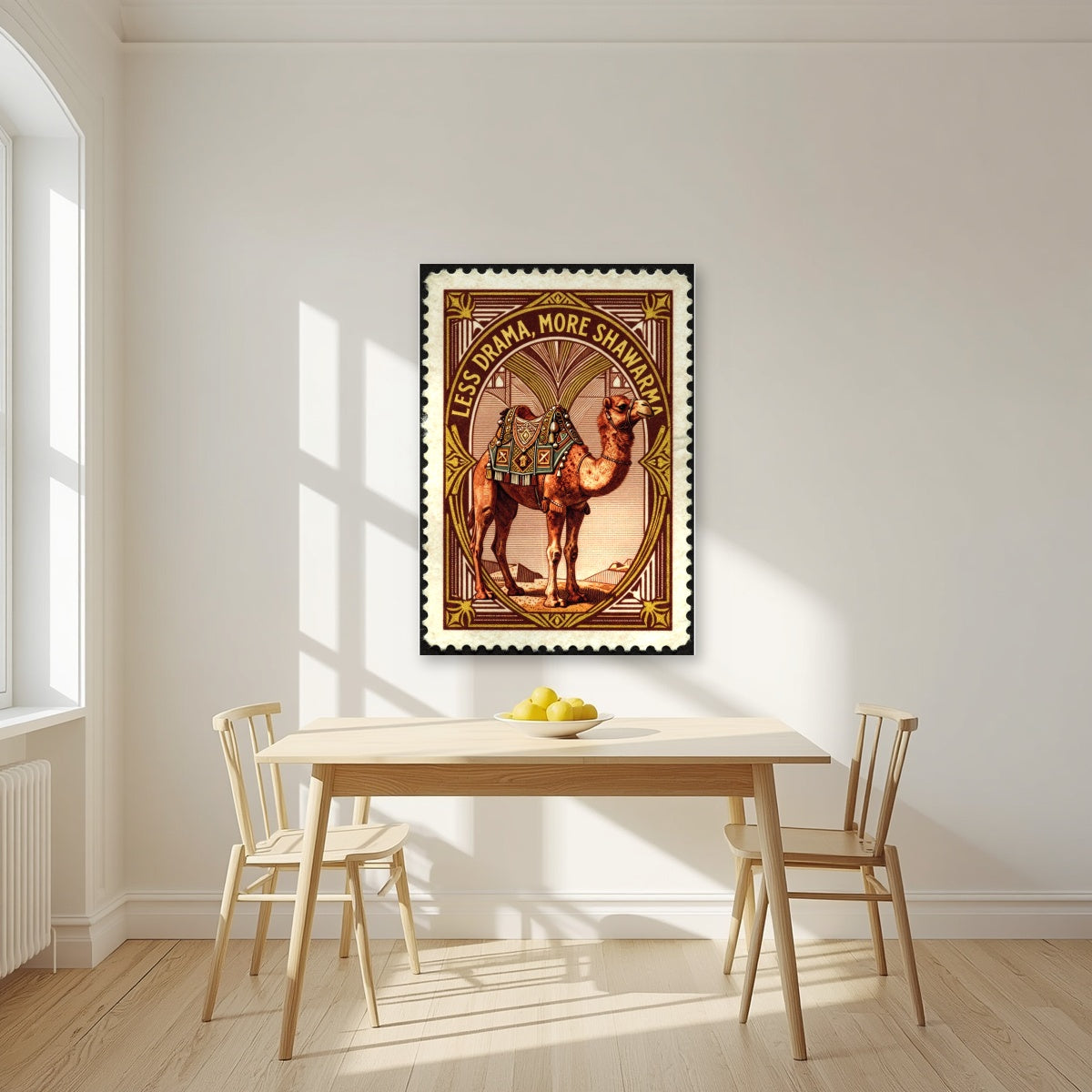 Less Drama, More Shawarma – Bazaar Stamp as an unframed print, above a dining table in a bright kitchen