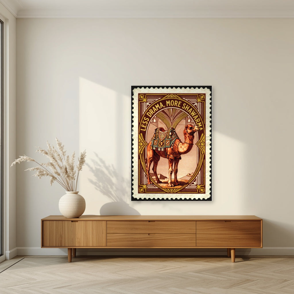 Less Drama, More Shawarma – Bazaar Stamp as an unframed print, above a walnut sideboard in a living room