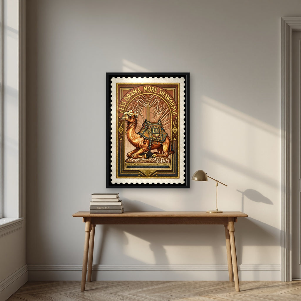 Less Drama, More Shawarma – Caravan Stamp in a black frame, above an oak writing desk