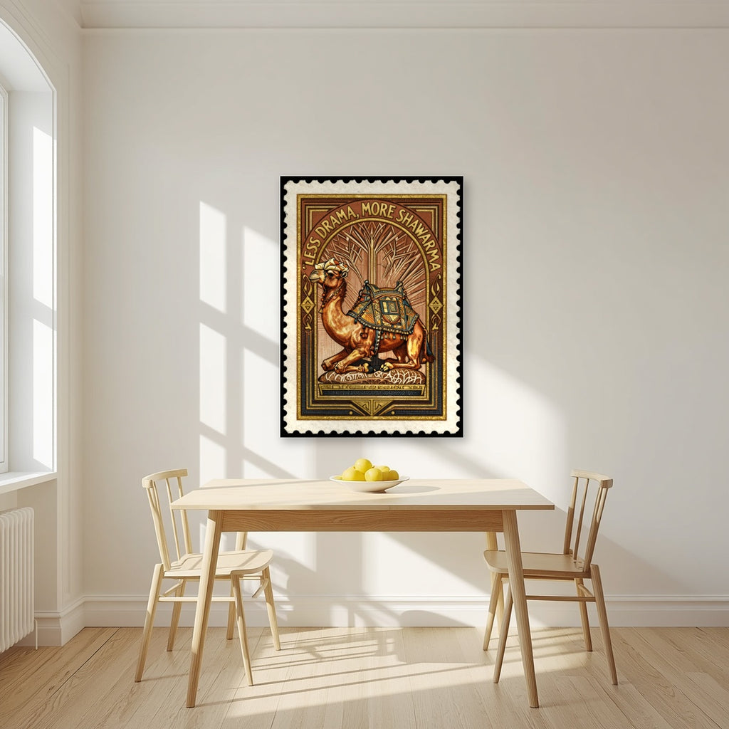 Less Drama, More Shawarma – Caravan Stamp as an unframed print, above a dining table in a bright kitchen