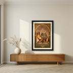 Less Drama, More Shawarma – Caravan Stamp in a black frame, above a walnut sideboard in a living room