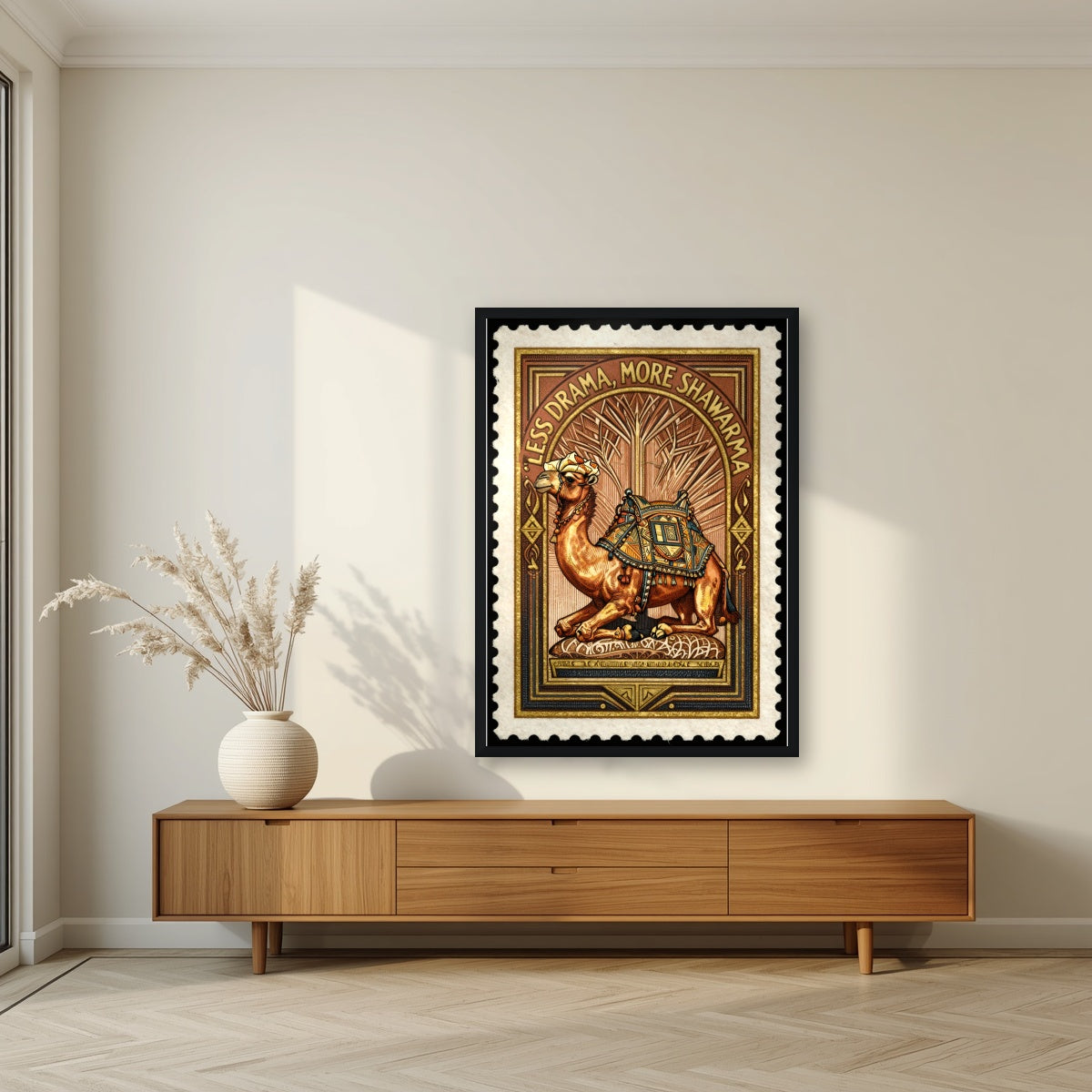 Less Drama, More Shawarma – Caravan Stamp in a black frame, above a walnut sideboard in a living room