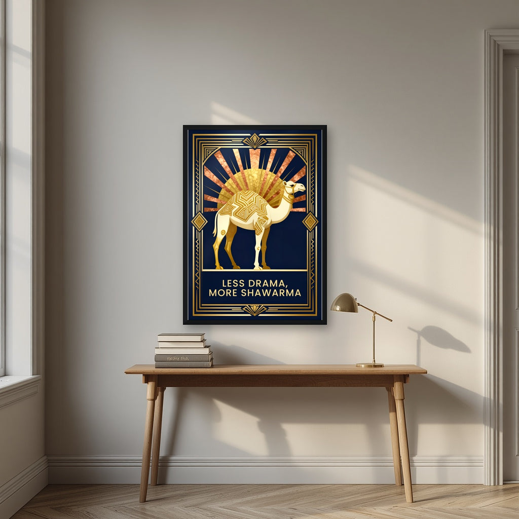 Less Drama, More Shawarma – Deco Sunrise in a black frame, above an oak writing desk