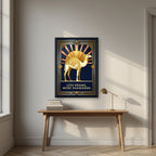 Less Drama, More Shawarma – Deco Sunrise in a black frame, above an oak writing desk