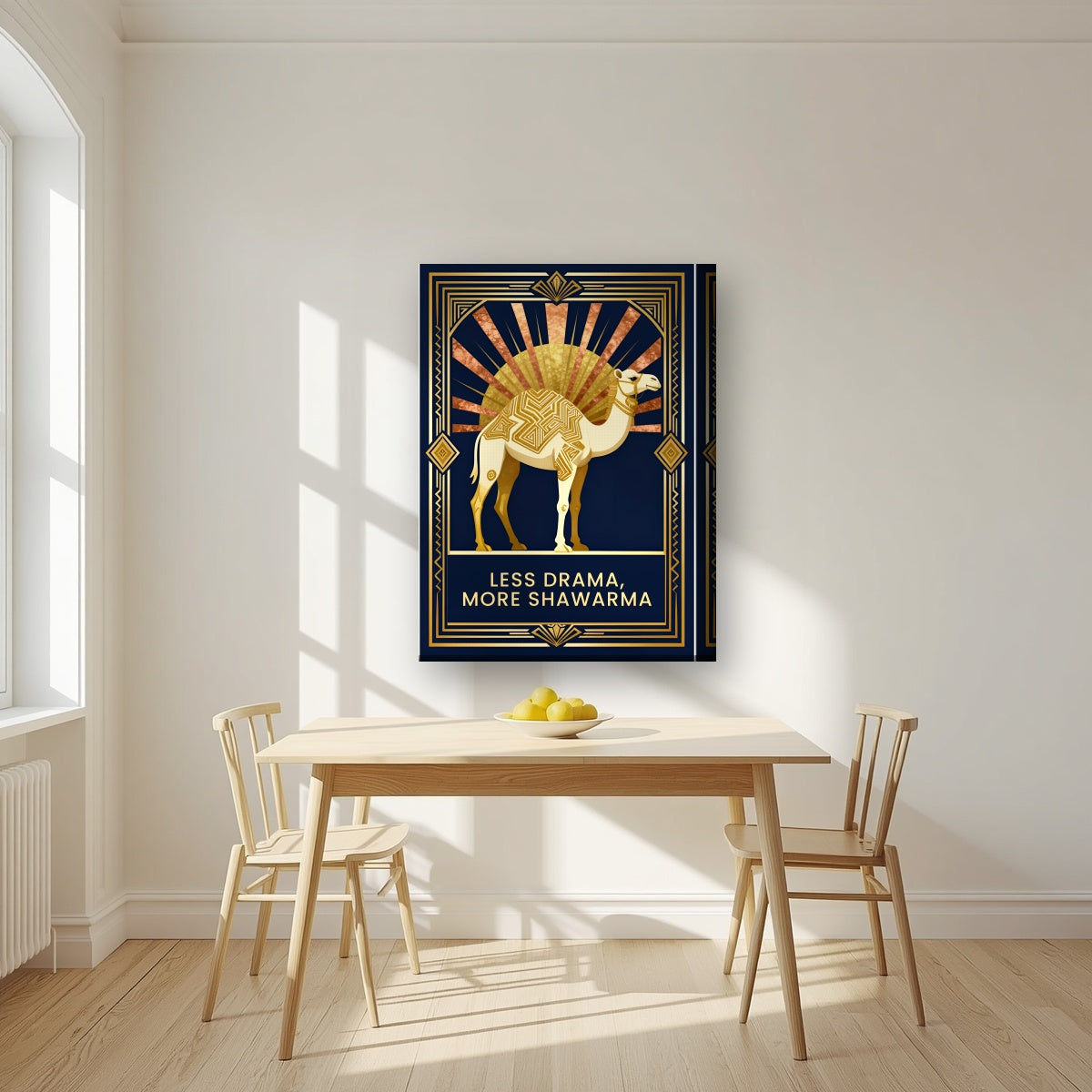 Less Drama, More Shawarma – Deco Sunrise on a thick-edge canvas, above a dining table in a bright kitchen