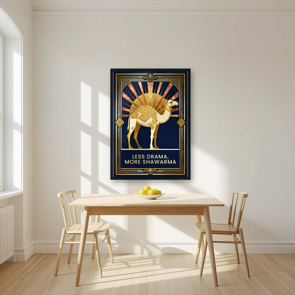 Less Drama, More Shawarma – Deco Sunrise in a black frame, above a dining table in a bright kitchen