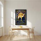 Less Drama, More Shawarma – Deco Sunrise in a black frame, above a dining table in a bright kitchen