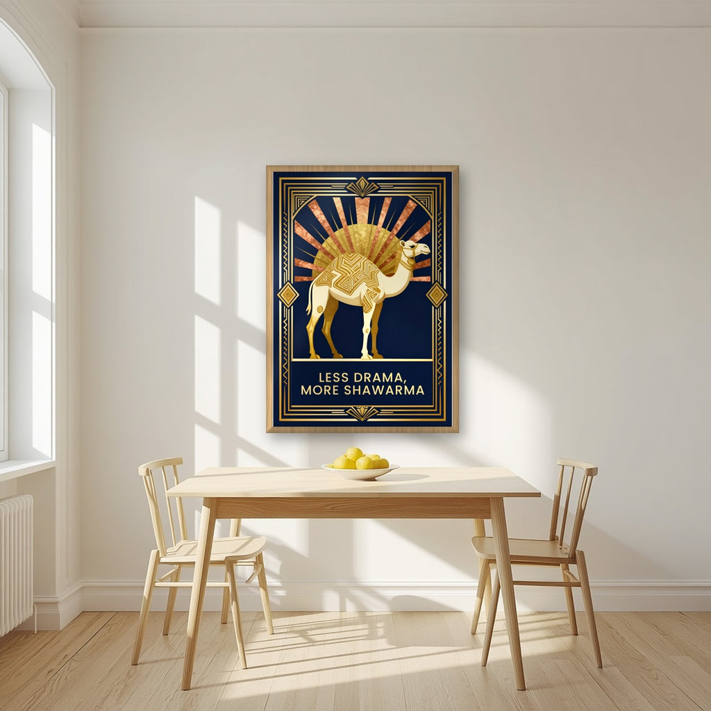 Less Drama, More Shawarma – Deco Sunrise in an oak frame, above a dining table in a bright kitchen
