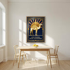 Less Drama, More Shawarma – Deco Sunrise in an oak frame, above a dining table in a bright kitchen