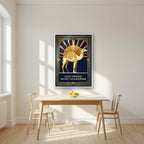 Less Drama, More Shawarma – Deco Sunrise in a white frame, above a dining table in a bright kitchen